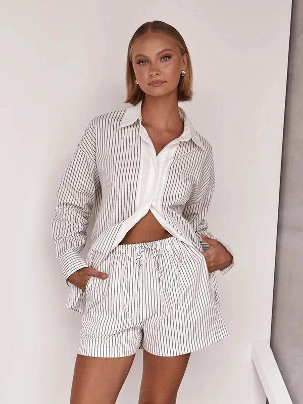 Marthaqiqi Casual Striped Female Pajamas Suit Long Sleeve Nightgowns Turn-Down Collar Sleepwear Shorts Loose Home Clothes Women