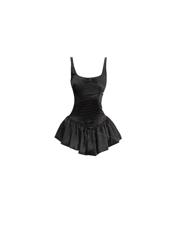 HOUZHOU Sweet Black Coquette Aesthetic Women Mini Slim Dresses Sexy Bodycone Short Sleeveless Dress Y2k Hotsweet Folds Summer