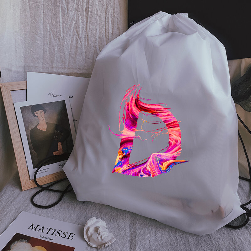 Disegna borse a cordoncino stampa creativa di lettere borsa con coulisse borsa da spiaggia borse sportive tasca a marsupio borsa da Yoga zaino Unisex Bookbag