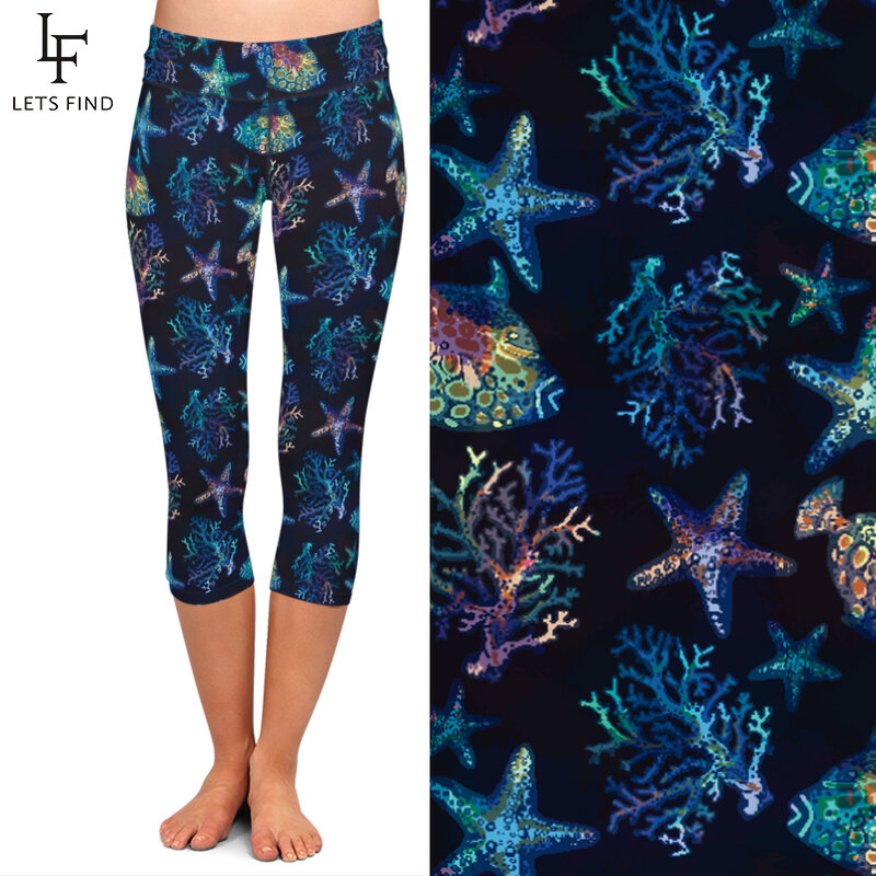 Letsfind bela estrela do mar e peixe impressão capri mulher legging cintura alta meados de bezerro 3/4 estiramento preto leggings