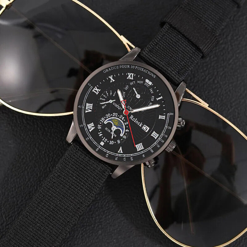 Men's Black Nylon Strap Quartz Watch Set, Relógios Calendário, Corda de Mão, Colar, Negócios, Moda Casual, 3 peças