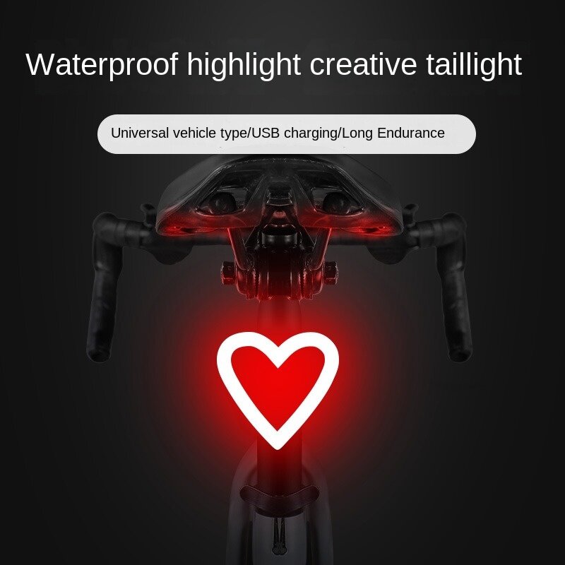 Coração Forma LED Bike Light, USB Recarregável, Luz traseira de bicicleta, Lanterna traseira MTB impermeável, 5 modos, Ciclismo Night Safety Advertência Lâmpada