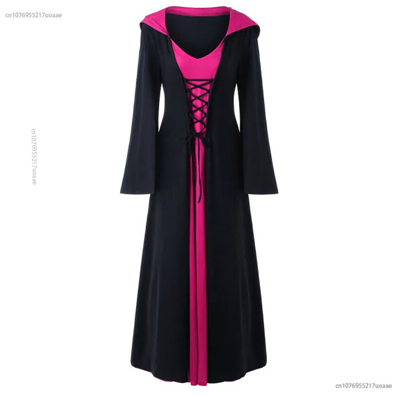 Średniowieczna sukienka dla kobiet sznurowana szata płaszcz z kapturem w stylu Vintage kostium dla dorosłych Retro Cosplay Halloween przerażająca długa suknia wiedźma wampira