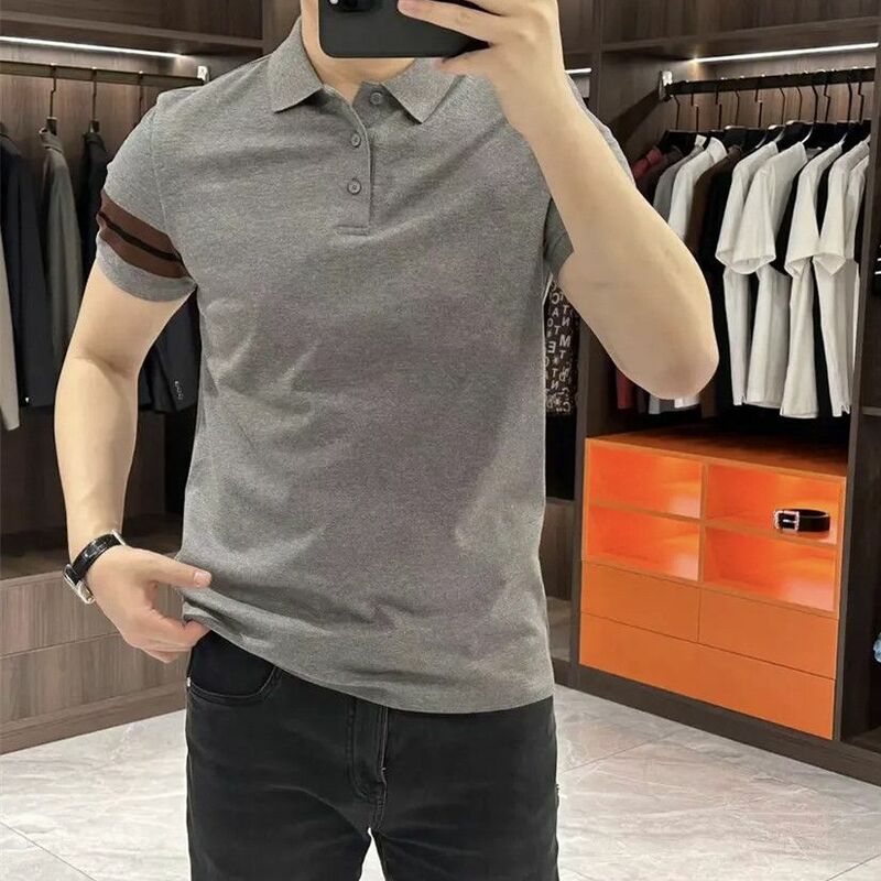 Korean Clothing Smart Casual Slim Polo Shirts Summer Men Streetwear Fashion Stripe Short Sleeve Business Social Versatile Tops