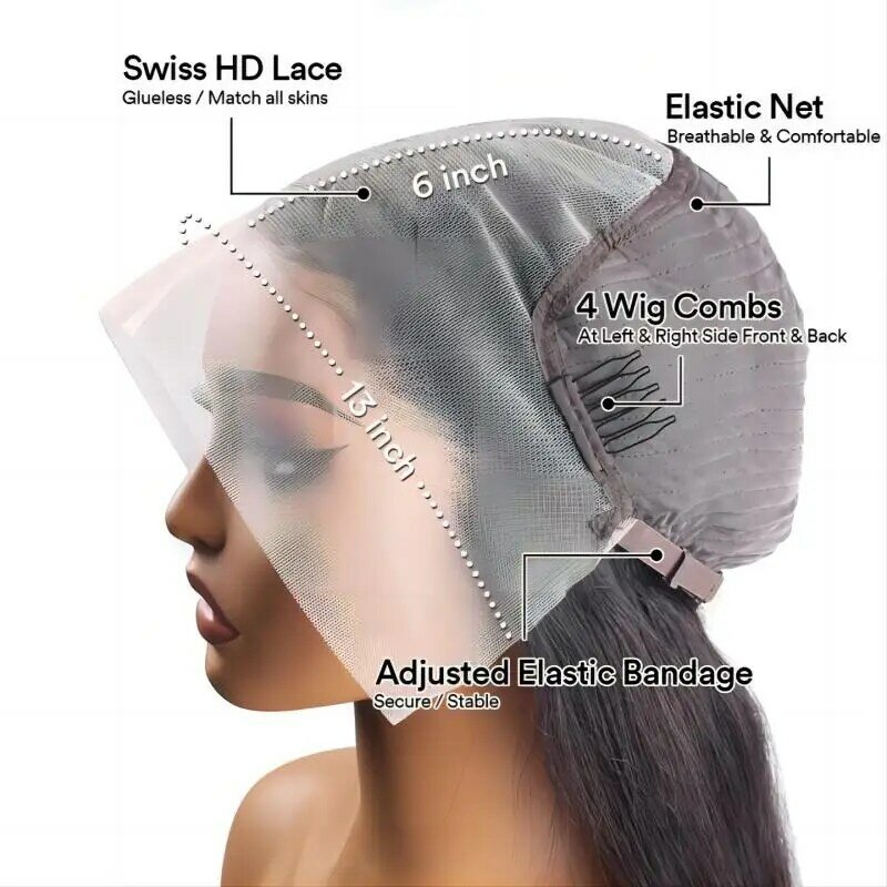 Glueless Straight Lace Frontal Wig para mulheres, cabelo humano, densidade de 180%, laço transparente, pré arrancado, 40 Polegada, 13x6