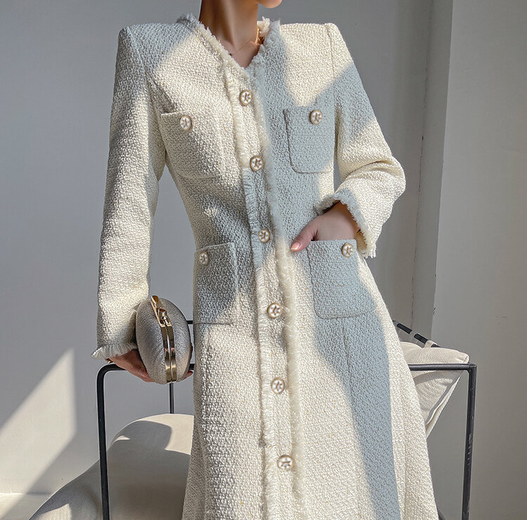 Robe en queue de poisson de style Hepburn français, robe crème en tweed, longueur de thé, tempérament féminin, personnalisé et élégant, automne et hiver