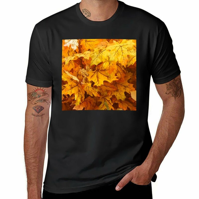 Осенняя футболка золотого цвета с пастельным оранжевым принтом листьев, черная Милая одежда на заказ, мужские футболки с графическим принтом в стиле хип-хоп