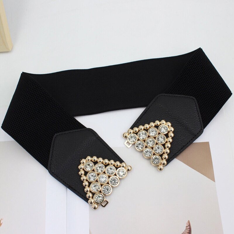 Cinturón de cintura de diamantes de imitación para mujer, cinturón ancho de moda, hebilla de Metal, negro, tamaño grande
