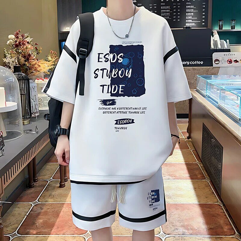 Summer Men's Tracksuit Waffle Fabric Breathable Casual Letter Print T-Shirt + Shorts Sets Fashion Half Sleeve Two Piece Set Men