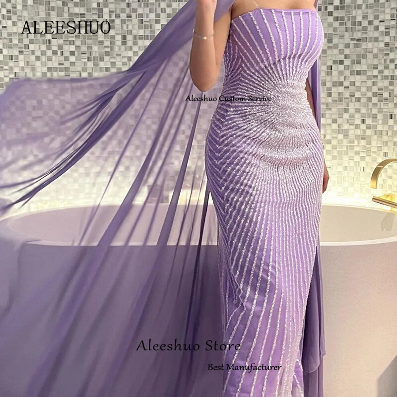 Aleeshuo Purple Satin Mermaid Prom Dresses Strapless Sleeveless Evening Party Dresses Shiny Beading Illusion Ankle-Length 2024