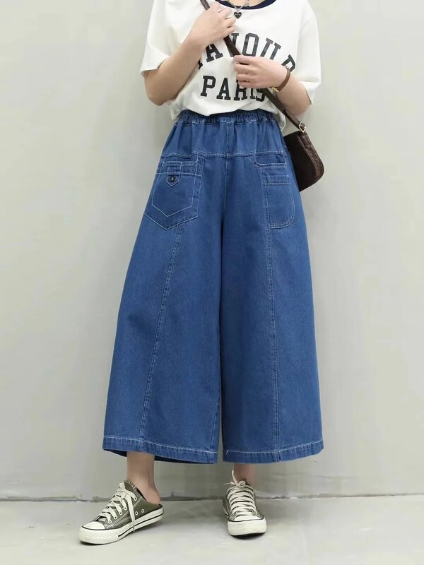 Pakaian wanita gaya Jepang Vintage pinggang elastis katun biru denim celana kaki lebar wanita musim panas musim gugur longgar jeans dengan saku