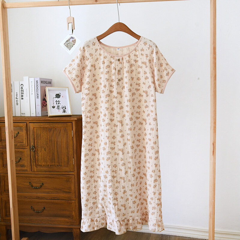 Pyjama Doux et Confortable à Manches Courtes pour Femme, Chemise de Nuit Imprimée à Col Rond, Style Coréen, Simple, Été