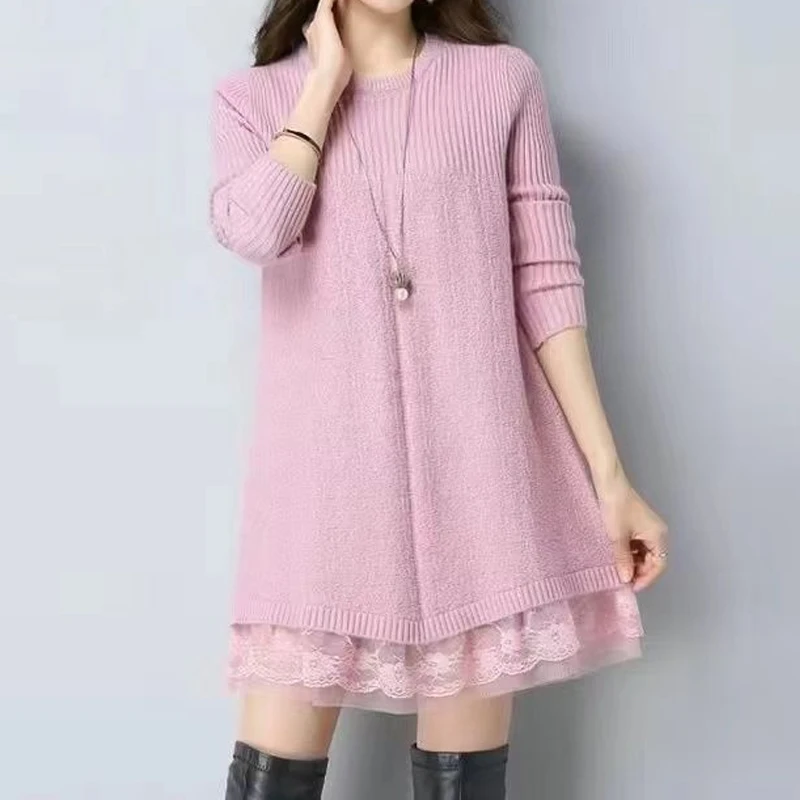 Women Clothing Solid Color Loose Long Sleeve O-neck Loose Knitting Pullovers Fashion Vintage Autumn New Lace Patchwork Sweaters