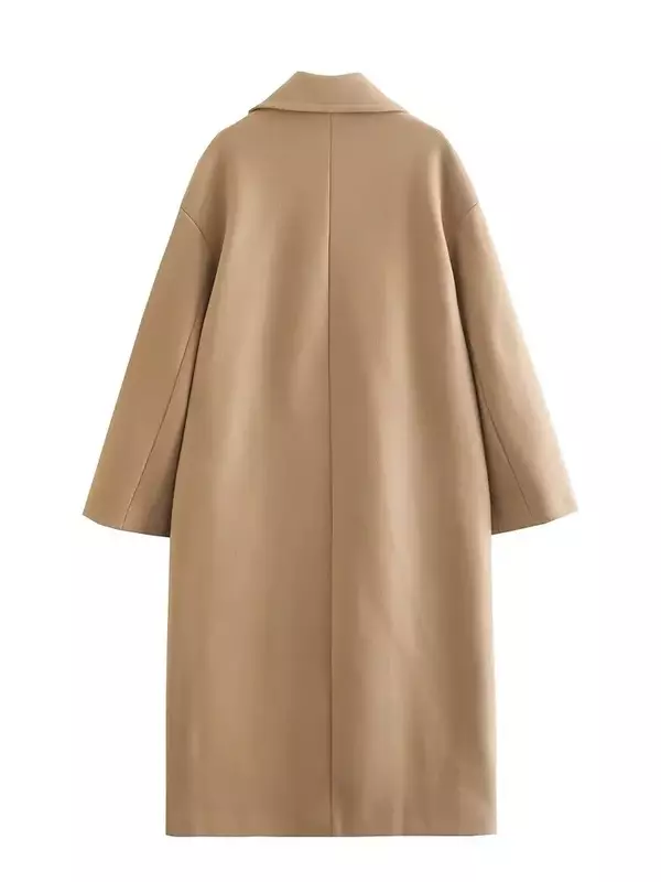 Женское шерстяное пальто, винтажное двубортное длинное пальто с карманами и украшением, верхняя одежда с длинным рукавом, шикарные топы
