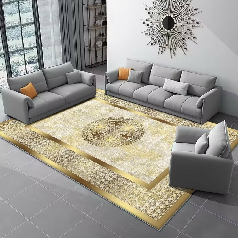 Tappeti di flanella di fascia alta in stile europeo dorato di lusso di grandi dimensioni per la decorazione della camera da letto, tavolini da salotto lavabili, tappetino