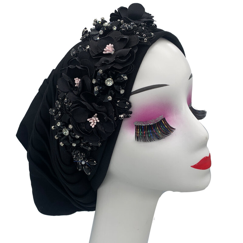 African Party Headwear Lady Head Wrap Bonnet Muslim Hijab Hat turbante mujer Elegant Flower Diamonds Women's Turban Cap
