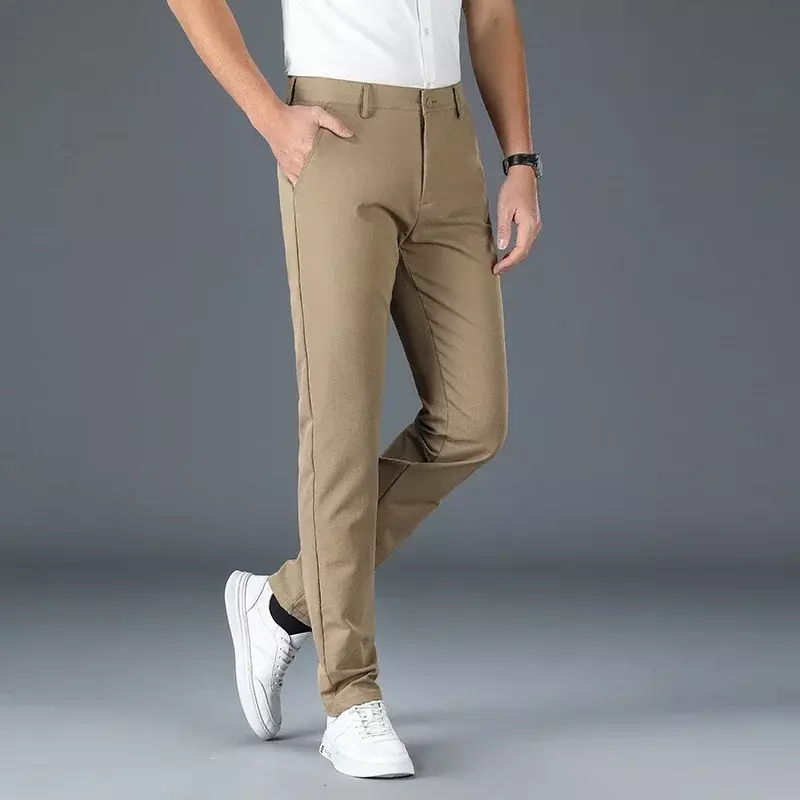 Celana panjang pria elastis lurus, modis bisnis Formal kasual ukuran besar 30-40 Musim Panas 2024
