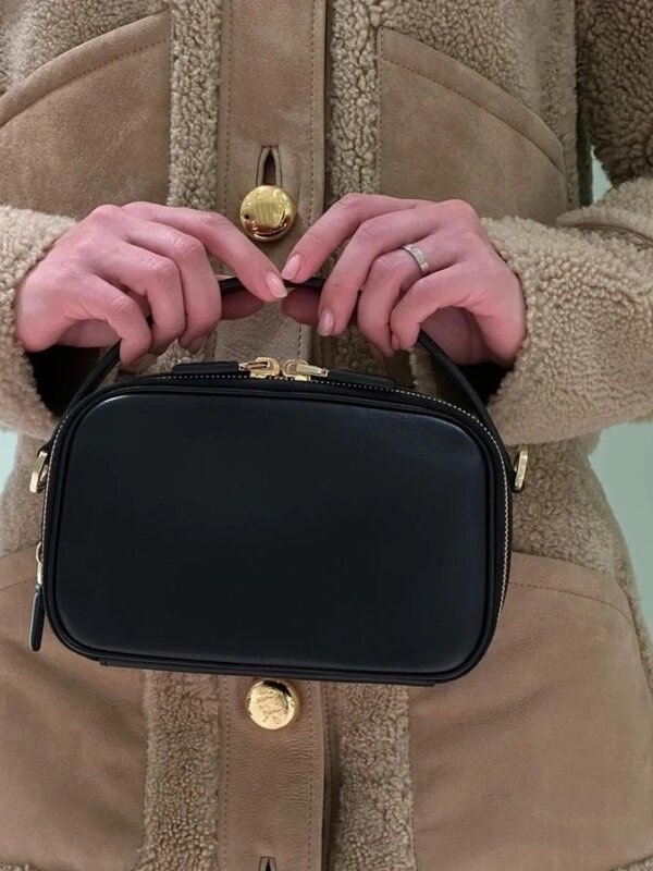 Premium Cowhide Mini Camera Bag Portable High Grade Double Zipper Black Handbag Female Classic Retro Crossbody Small Square Bag