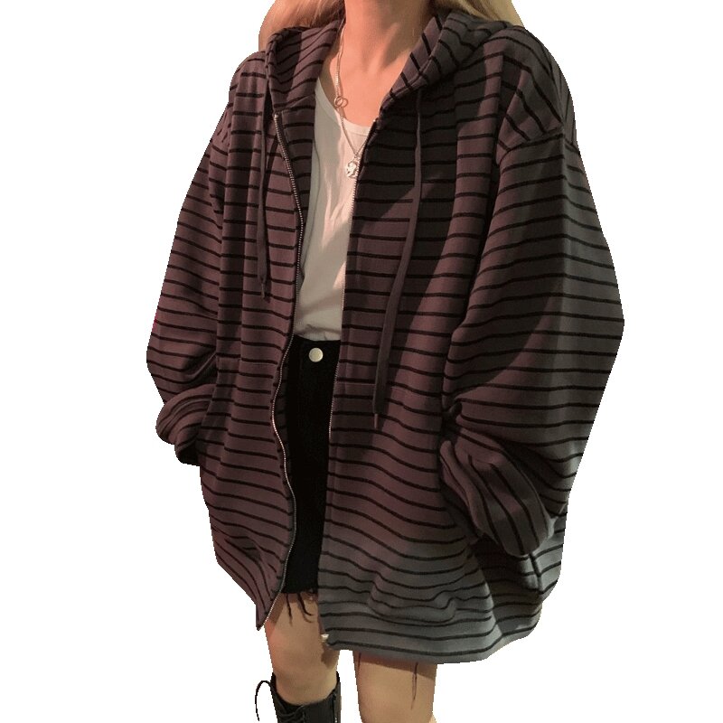 Sweats à capuche zippés rayés vintage pour femmes, sweat-shirt à manches longues, streetwear coréen, Harajuku, Grunge, Emo, Alt, automne, printemps