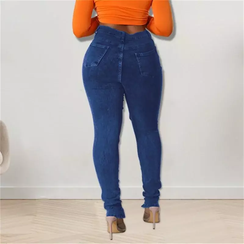Hollow Out Eyelet Drawstring Lace-up Women Jeans Summer High Waist Slim Fit Pencil Denim Pants Female Trousers Trend Streetwear