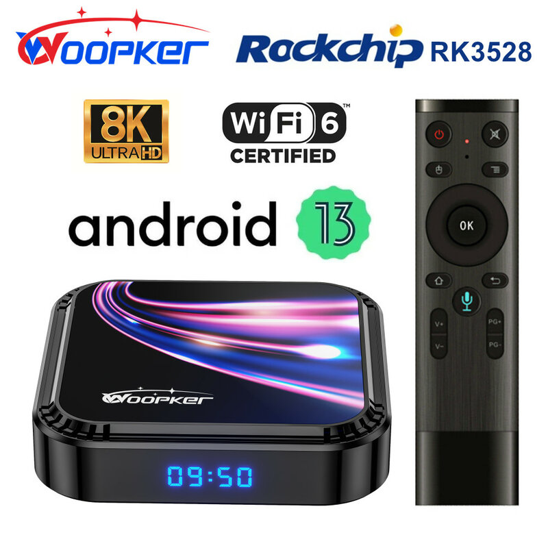 Woopker 2023 Android 13 TV, pudełko K52 Rockchip RK3528 inteligentny TVBox obsługuje 8K Wifi6 BT5.0 YouTube asystent głosowy Google dekoder