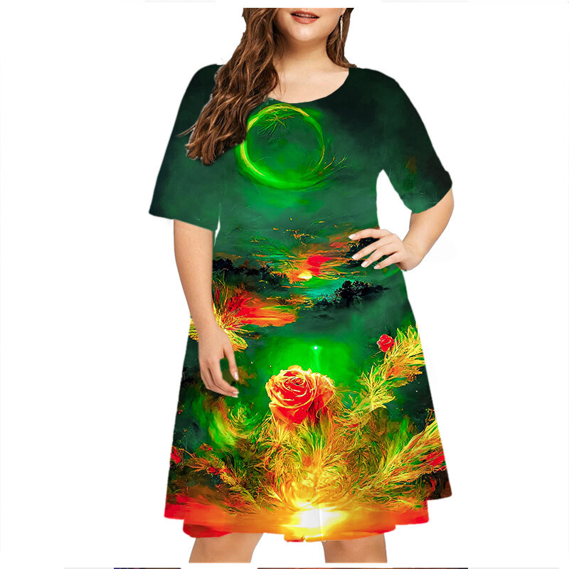 Tie Dye Flame Pattern Women'S Dress Short Sleeve Summer Loose Dress Elegant Fashion Casual Streetwear 3D Print Plus Size Dresses