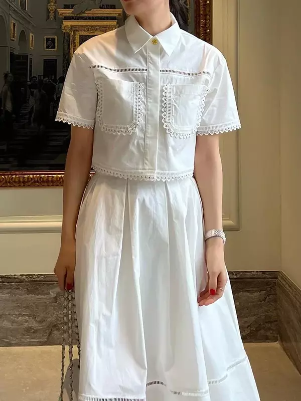 2024Elegant Two Piece Sets for Women Lapel Short Sleeve Tops High Waist A Line Pleated Skirts Solid Set Female Summer  Dress