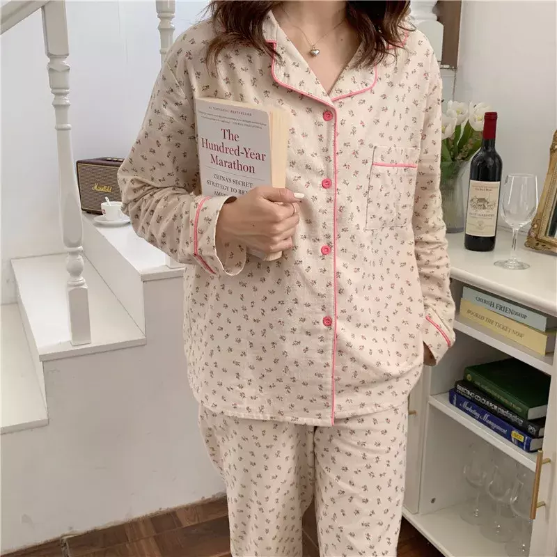 Conjunto de pijama con estampado Floral para mujer, ropa de dormir de manga larga gruesa, suave, de algodón puro, para el hogar, otoño e invierno, S417