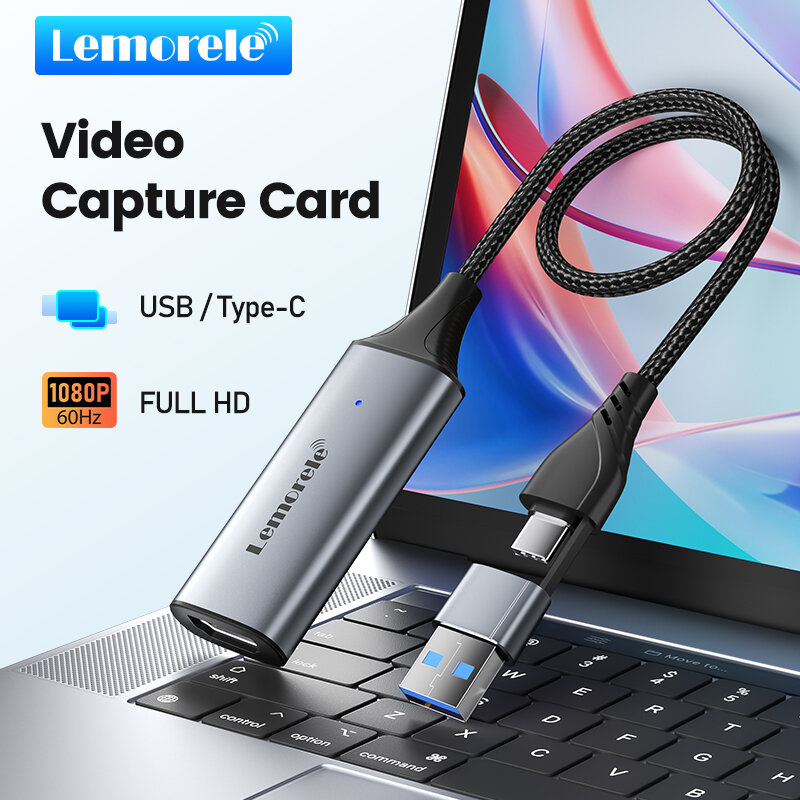 Lemorele-AC05 Video Capture Card, HDMI para USB, USB-C, Video Grabber para computador, câmera, Live Stream, Record Meeting, 1080p60hz
