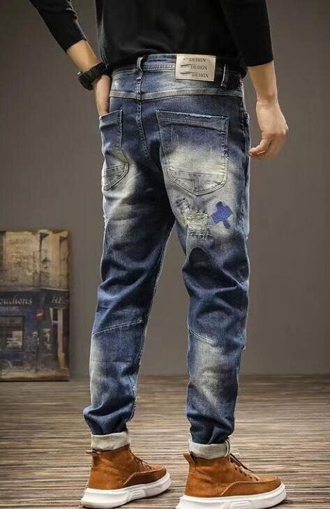Mannen Jeans Hoge Elasticiteit Broek Jeugd Bedelaar Borduurwerk Patch Street Jeans