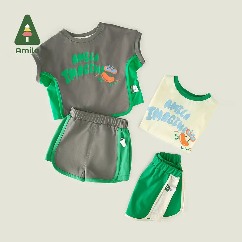 Amila 2024 Summer New Boys Set t-shirt stampata abbinata ai colori + pantaloncini Set sportivo traspirante e confortevole 0-6Y