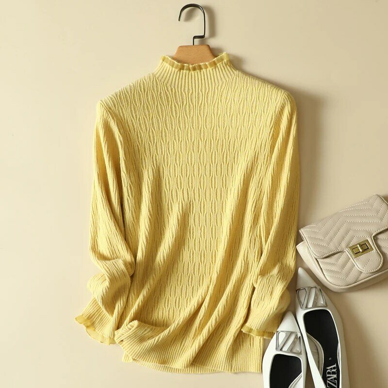 Mock Neck Knitted Solid Women Sweater Pullovers Autumn Winter New 2022 Ruffles Long-Sleeved Elegant Office Lady Pulls Outwears