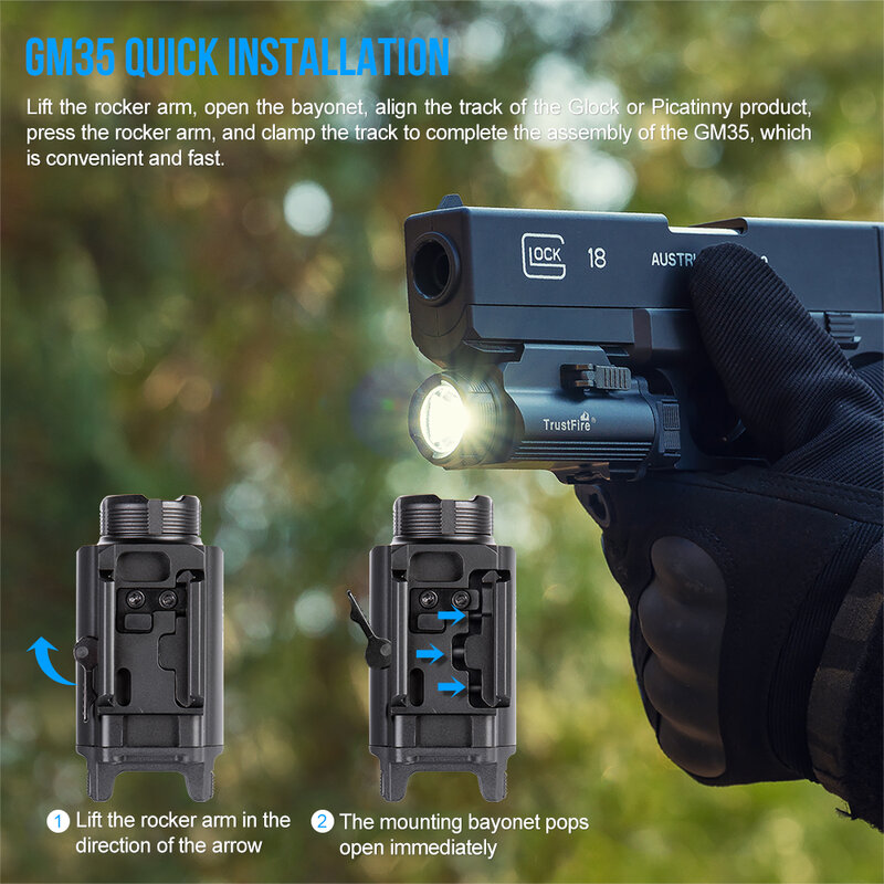 Trustfire GM35 senter LED taktis, lampu Pistol Mini 1350lumen USB dapat diisi ulang pelepasan cepat senjata 1913/GL Rail