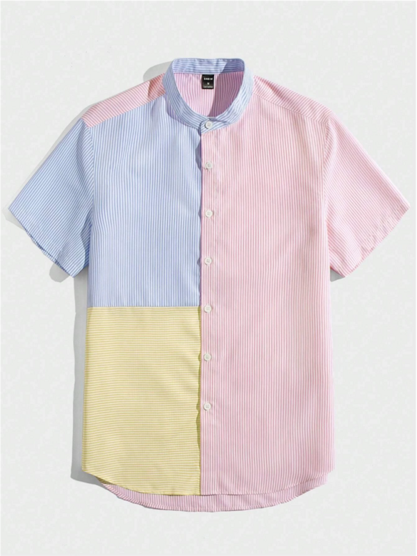 メンズストライププリントカラーブロックシャツ,半袖,スタンドカラー,カジュアルボタン,快適なファッション,夏,5xl