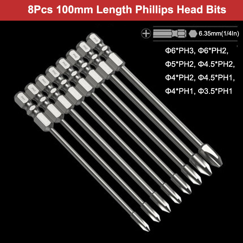 Embouts de tournevis Phillips résistants aux chocs, acier, couple de 100mm, forets électriques à tête cruciforme magnétique, 8 pièces