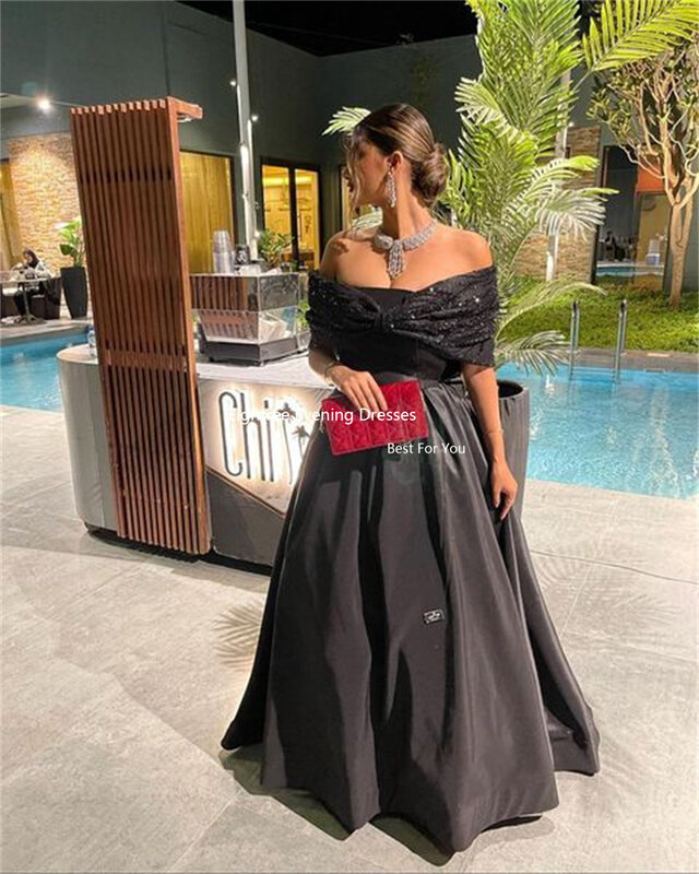 블랙 아벤클라이더 두바이 무도회 드레스, 얼룩 빈티지 오프숄더, 반짝이 이브닝 드레스, 2024