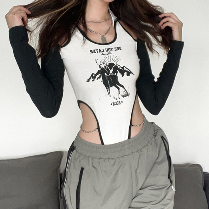 Женское боди в стиле панк Goth Techwear Y2k, сексуальное готическое боди с черной пряжкой, одежда в стиле пэчворк и с вырезами, уличная одежда с принтом