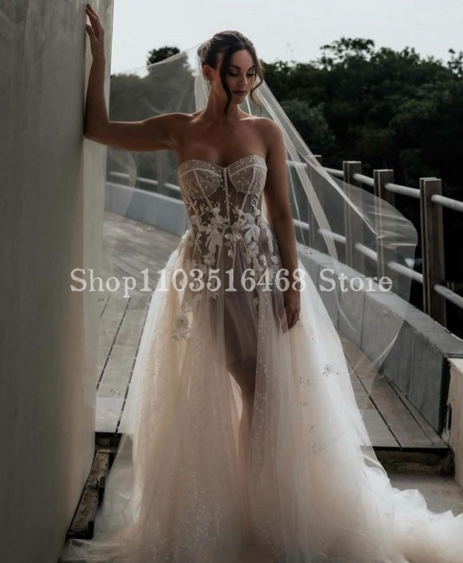 Elegancka haftowana suknia ślubna z welonem 2024, luksusowa aplikacja z dekoltem w kształcie serca, przezroczysta linia A, formalne suknie ślubne فساتين الزفاف