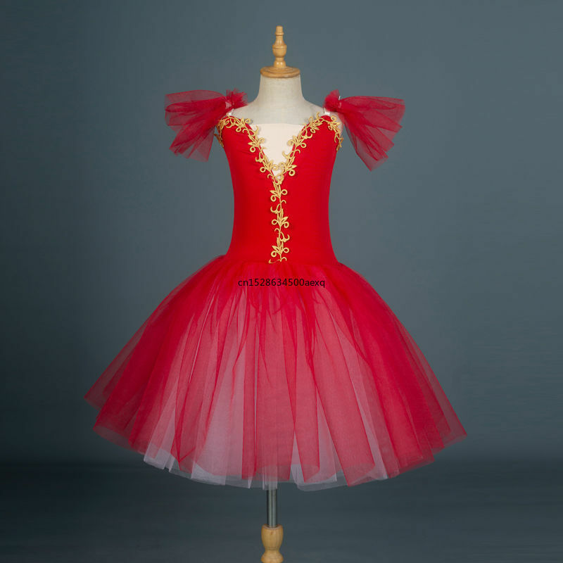 Gaun Tutu balet panjang merah anak perempuan dewasa gaun Tutu tari kontemporer balerina gaun balet anak perempuan
