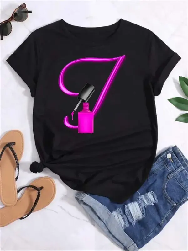 Maycaur Custom Name Letter Combination Fashion Women T-shirt Nail Polish Letter Font A B C D E F G Short Sleeve Tops Female Tees