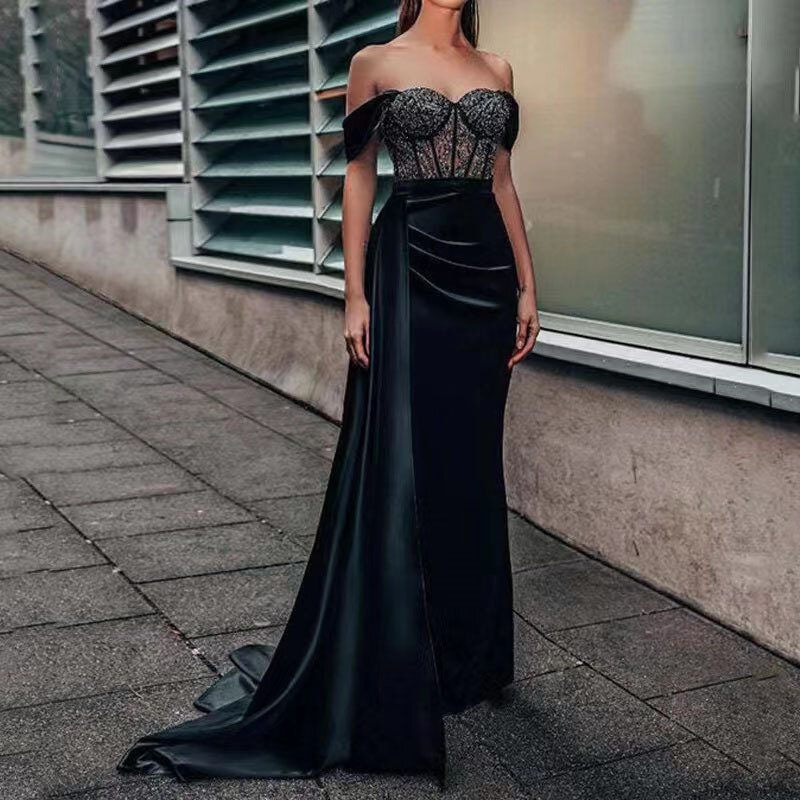 Women Prom Dress Sexy Hollow Lace-up One Shoulder Party Dress Fashion Strapless Split Patchwork  Evening Dress