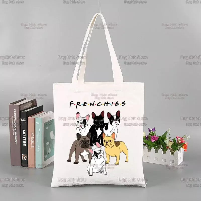 Frenchie Anatomy of French Bulldog Kawaii Animal Canvas Shopping Bag Handbag Eco Grocery Bag Tote