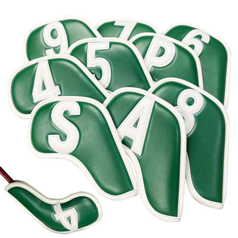 Cubiertas de cabeza de hierro para palos de Golf, cubierta protectora de cuero verde PU, impermeable para suministros de Golf, 9 piezas, 4, 5, 6, 7, 8, 9 P, A, S, X