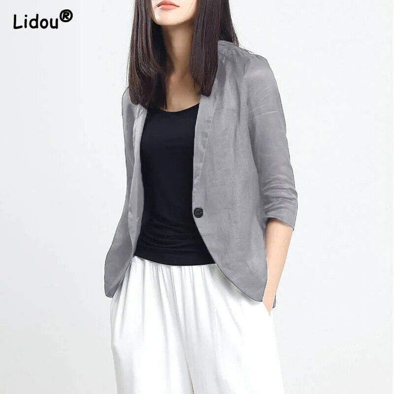 Spring Summer Thin Solid Slim Blazer Button Simplicity Three Quarter Sleeve Casual Formal Office Lady Coat Women's Clothing 2022