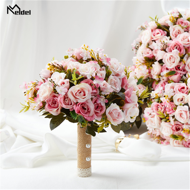 สีชมพูช่อดอกไม้งานแต่งเจ้าสาวเจ้าสาวดอกไม้ผ้าไหมริบบิ้นดอกกุหลาบเทียม Mariage งานแต่งงานช่อดอกไม้อุปกรณ์เสริม