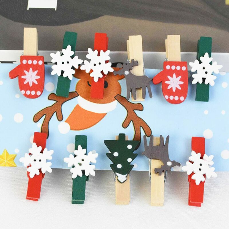 10Pcs Christmas Wooden Clips New Year Party Decor Photos Wall Clip Snowflake Elk DIY Xmas Ornament
