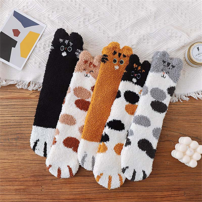 Coral Fleece Socks Women Cartoon 3D Lucky Cat Paw Socks Thick Warm Winter Sleeping Floor Sock Hosiery Kawaii Thicken Long Socks