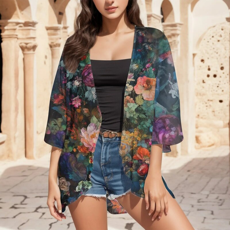 Womens Floral Print Puff Sleeve Kimono Cardigan Loose Cover Up Casual Shirt Top