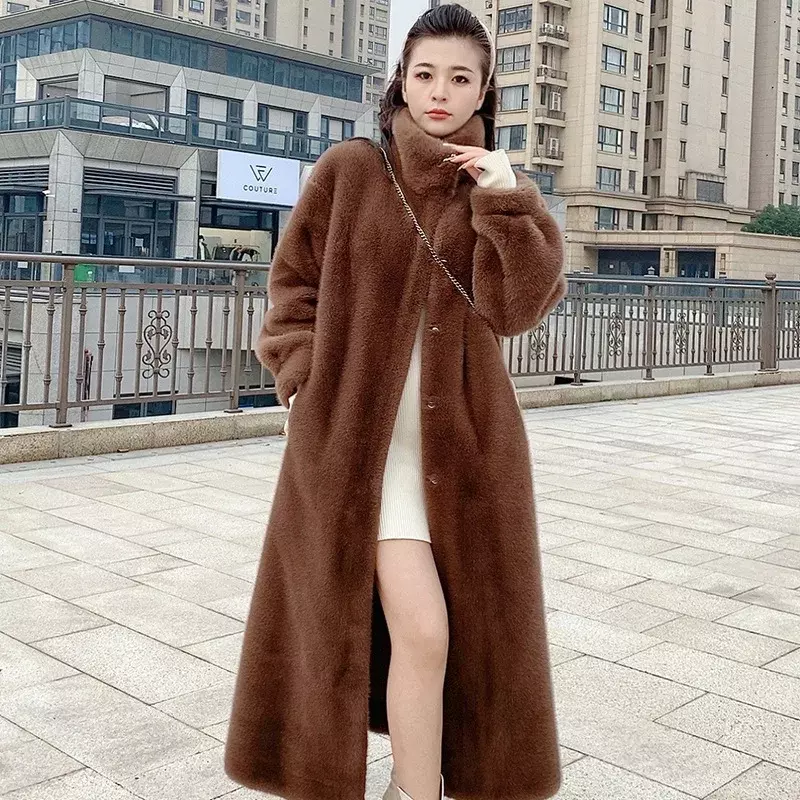Koreanische Frauen solide volle Ärmel Kunst pelz Mantel Stehkragen lässig Slim Fit regelmäßige dicke Mäntel Spleiß Herbst Winter 2023