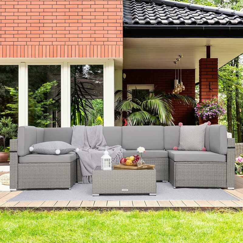 Wiklinowe meble ogrodowe, przenośna sofa segmentowa z rattanu PE na każdą pogodę, zestaw do rozmów z zmywalnymi pokrowcami na poduszki